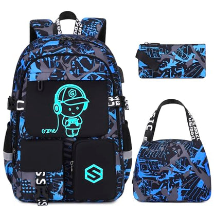 Scothen Boys Backpack, Cool Luminous Kids School Backpacks with Lunch Bag - color: Blue Musicer
