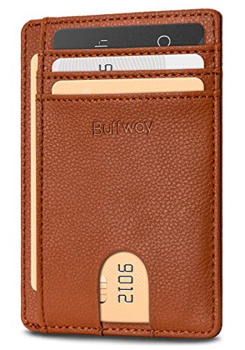 Buffway Slim Minimalist Front Pocket RFID Blocking Leather Wallets for Men and Women - Lichee Light Brown - color: Lichee Light Brown