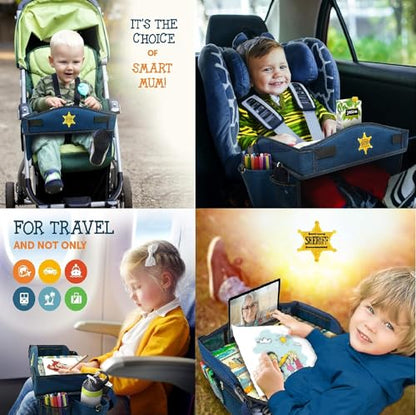 Coolmum 2-in-1 Kids Toddler Travel Tray & Back Seat Organizer — Foldable Waterproof Car Tray with Tablet Holder, Cup Holder, Storage Pockets for Road Trips & Airplane (Premium Blue) - color: Premium Blue