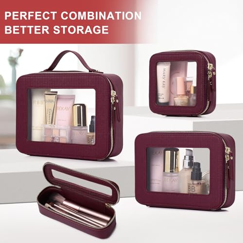 Pinkmik Travel Clear Makeup Bag (Burgundy, M+SLIM) - color: B1/Burgundy, size: M+SLIM