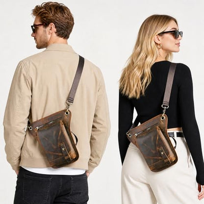 Water Resistant Canvas + Leather Motorcycle Fanny Waist Pack One Shoulder Drop Leg Thigh Bag For Men Women FB211-6 - color: 211-6 Brown