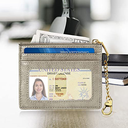 SEAVILIA Card Holder Keychain Wallet for Women with ID Window RFID Coin Purse Bee Gifts Slim Minimalist Small Wallet - color: Light Grey