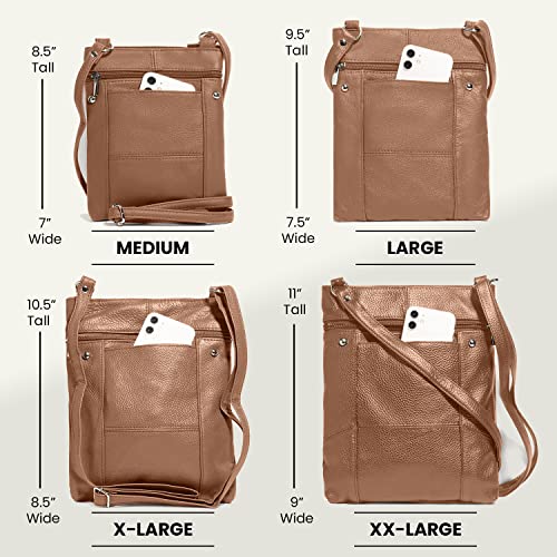 TOVOSO Crossbody Bag for Women, Genuine Leather Multi-Pocket Purse with Adjustable Strap, RFID Protection, Built-In Wallet - color: Light Brown, size: X-Large