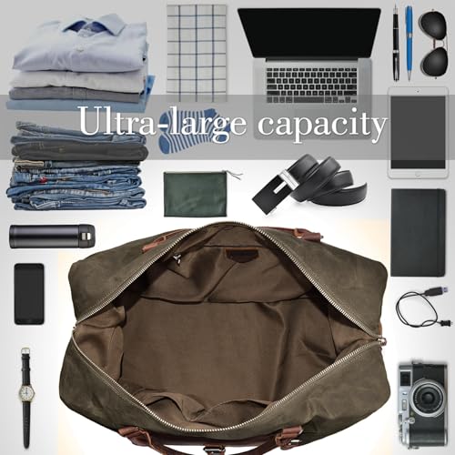 Oversized Travel Duffel Bag Waterproof Canvas Genuine Leather Weekend bag Weekender Overnight Carryon Hand Bag, Dark Brown - color: Dark Brown