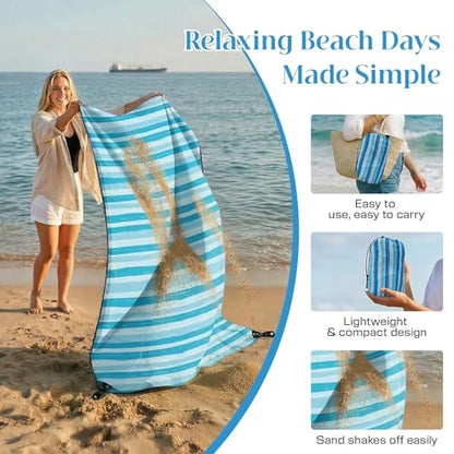 OIGAE Beach Blanket Waterproof Sandproof Oversized Beach Mat - color: Blue Wave Stripes, size: 9x10 Ft (2～8 person)