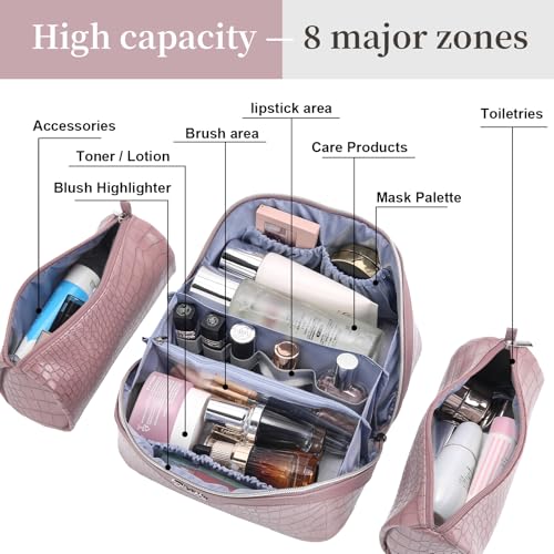 BOYATU Travel Makeup Bag Cosmetic Bags for Women: 3 Pcs Set Large Capacity Make up Bag with Handle - Crocodile Pattern Vegan Leather Toiletry Bags Travel Essentials with Compartments((E-4-Pink) - color: E-4-Pink