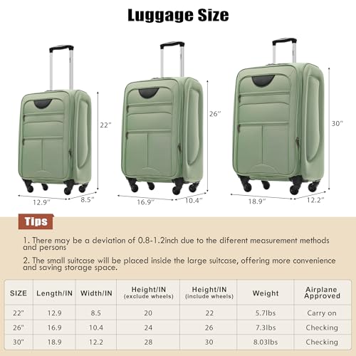 Merax Suitcase Set, Softside 3-Piece Expandable Luggage - color: Light Green(22/26/30)