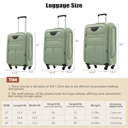 Merax Suitcase Set, Softside 3-Piece Expandable Luggage - color: Light Green(22/26/30)