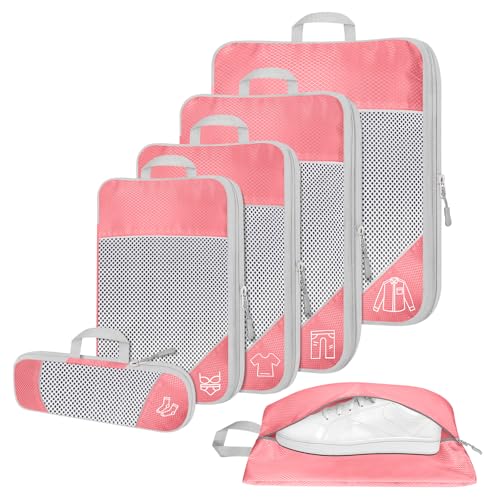 6 Set Compression Packing Cubes for Travel - Compressible, Lightweight, and Space-Saving Packing Cubes, Travel Accessories Luggage Suitcase Backpack for Men Women (Pink) - color: Pink
