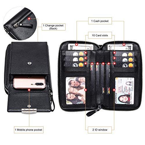 KUKOO Small Crossbody Bag Cell Phone Purse Wallet with Credit Card Slots for Women - color: A- Black Zipper Upgraded Version