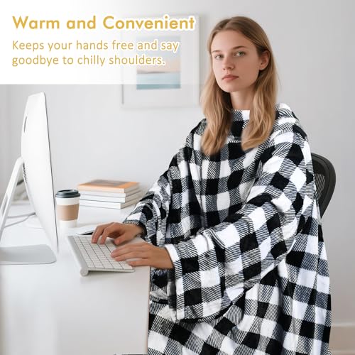 Catalonia Wearable Blanket with Sleeves & Foot Pocket for Adults - color: Plaid White, size: Fleece
