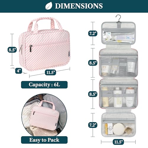 PAVILIA Hanging Toiletry Bag for Women, Portable Makeup Organizer, Pink - color: Pink Stripe