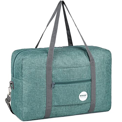 WANDF Personal Item Travel Bag, Carry On Duffle Bag Women | 18x14x8 inches, Airline Underseat Aprroved, Weekend Overnight Trips, Lightweight Packable - color: Denim Green with Strap