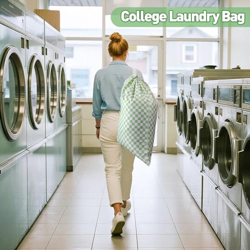 Laundry Bag Backpack for Dorm & Travel, 29 x 18" Large Dirty Bag - color: Green White Checkered