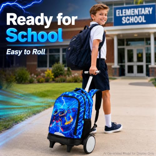 KLFVB Big Quiet-Glide Wheels Roller Bag, 3-in-1 Rolling Backpack Set with Lunch Bag | Water-Resistant Wheeled Bookbag for Boys, School, Travel, Play - Lightning Game Controller - color: Rolling Backpack With Big Wheels - Lightning Game