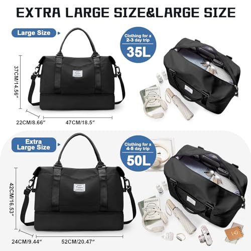 Travel Duffel Bag with Shoes Compartment,Weekender Bags for Women Travel - color: Black, size: Extra Large