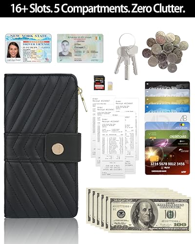Black Women's Trifold Wallet,Large Capacity RFID Long Wallet - color: Black, size: Trifold