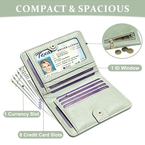 Small RFID Womens Wallet Travel Bifold Compact Slim thin Credit Card Holder - color: Green