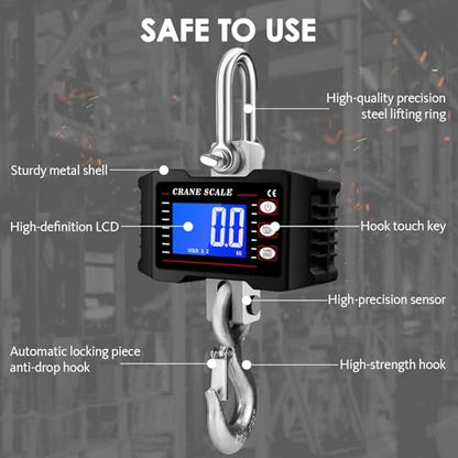 2200lb/1000kg Digital Crane Scale, Heavy Duty Industrial Hanging Scale with Backlit LCD, Tare, Data Hold and Unit Switch for Factory, Construction, Farm