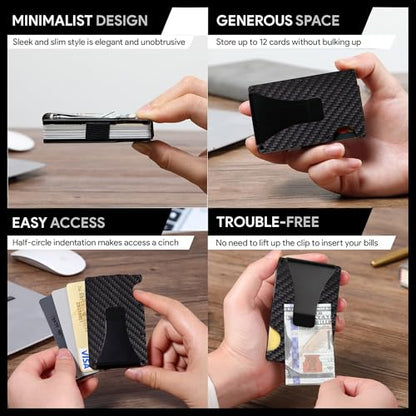 Minimalist Slim Wallet for Men,RFID Blocking Metal Wallet,Aluminum Credit Card Holder & Money Clip 12-15 Cards,Slim Rfid Front Pocket Mens Wallet - color: A3 Matte Carbon Fiber