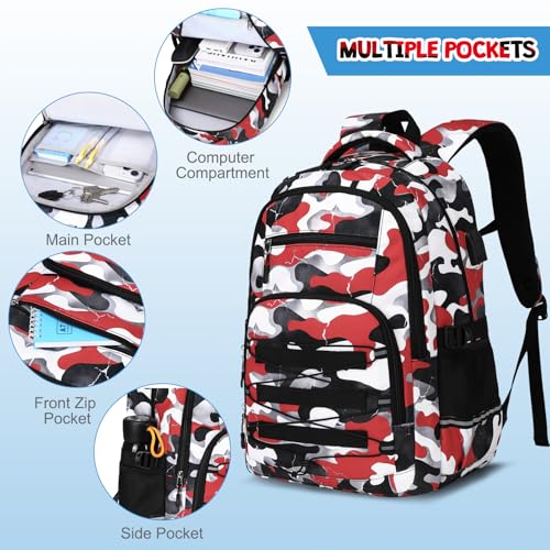 ACESAK 3PCS Camo Backpack for Boys with Lunch Box Pencil Case - color: Red White