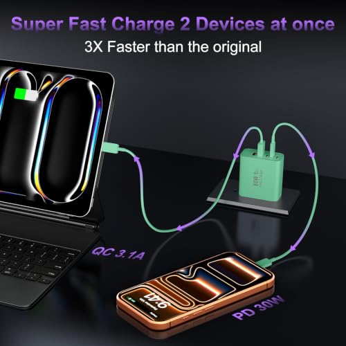 USB C 고속 벽 충전기 블록, 60W USBC 충전 큐브 2팩, 5포트 PD+QC 전원 어댑터 멀티포트 브릭 타입 C 박스 플러그 휴대폰 17/16/15/14/13/12/11/프로 맥스/플러스, 패드 미니/프로/S25/S24-그린 - color: 초록색.