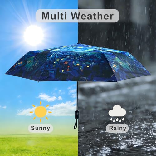 Windproof Travel Umbrella Folding Compact Automatic Umbrellas for Women Men Rain Sun - color: Starry Night