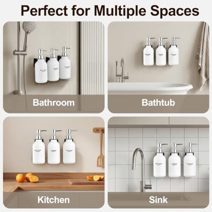 Shampoo and Conditioner Dispenser Set of 3, Wall Mounted - color: Matte White Bottle + Silver Pump