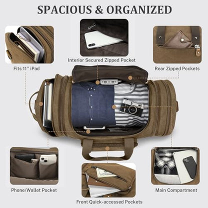 Gonex Canvas Duffle Bag, Expandable 60L Travel Overnight Weekender Bag - color: Coffee, size: X-Large-60L (With Shoe Compartment)