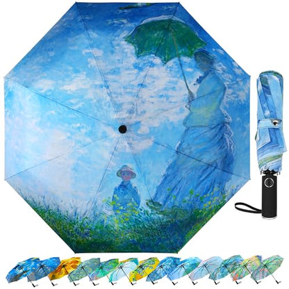 Van Gogh Folding Umbrella, Travel Umbrella with Starry Night Design, Auto Open & Close - Portable Compact Umbrella - Lightweight & Packable for Women & Men - color: Woman with a Parasol