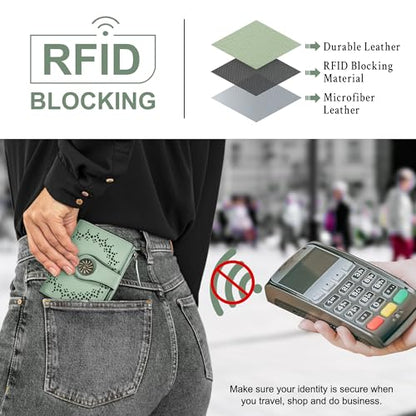 Tipmile Small Wallet for Women Bifold RFID Blocking Card Holder Leather Wallets with Zipper Coin Pocket - color: Green