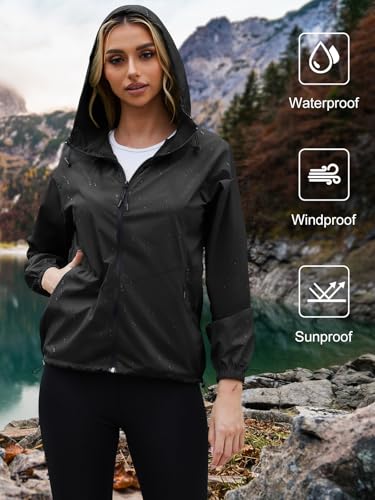 PITINAN Women's Rain Jacket Packable with Hood Lightweight Travel XS-3XL - color: Black, size: X-Large