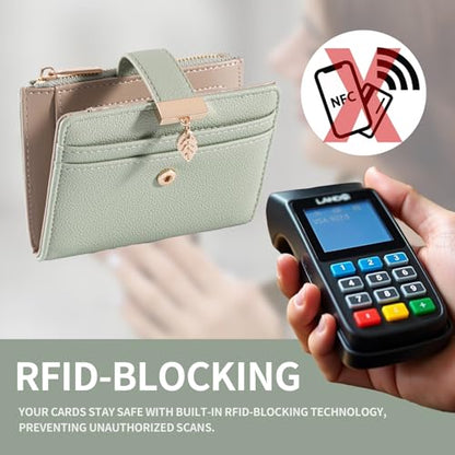 Pomelo Best Small Wallet Women RFID Blocking Bifold Soft Leather Card Holder with ID Window Zipper Coin Pocket Wallets for Women Green - color: Green