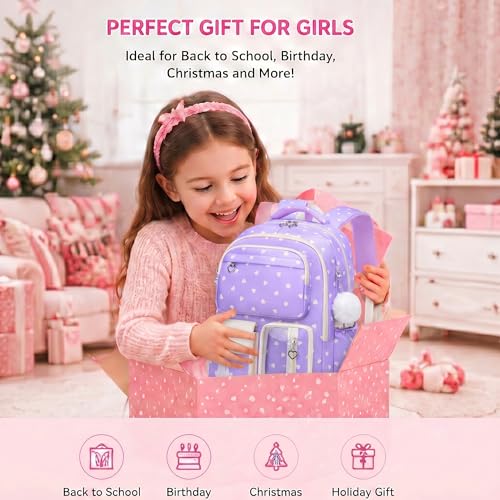 Girls Backpack Set 3PCS Ages 6-12, Kids School Backpack - color: Purple Heart