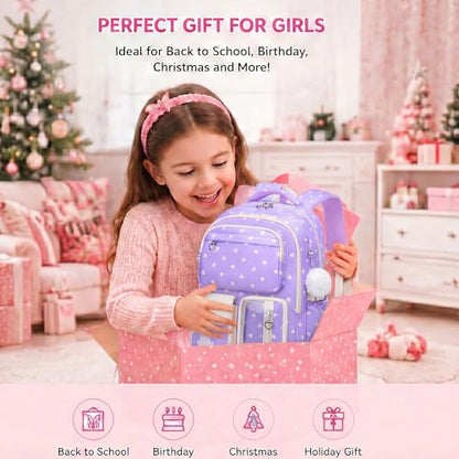 Girls Backpack Set 3PCS Ages 6-12, Kids School Backpack - color: Purple Heart