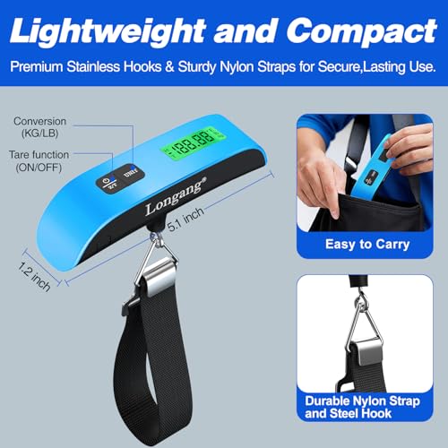 Digital Hanging Luggage Scale with Backlit for Travel, Portable Handheld Suitcase Weight Scale with Hook, 110 Pounds, Battery Included - color: Blue