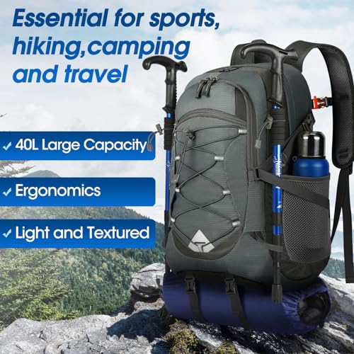 IGOLUMON Hiking Backpack 40L Packable Lightweight Camping Daypack Men Women - color: Grey