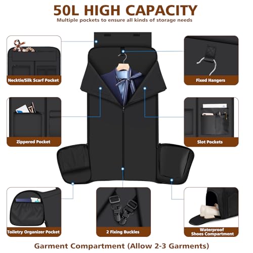 Convertible Garment Bag for Travel, 4-in-1 Backpack for Women Men, 3pcs 50L - color: D2-Black