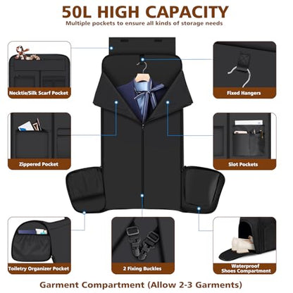 Convertible Garment Bag for Travel, 4-in-1 Backpack for Women Men, 3pcs 50L - color: D2-Black