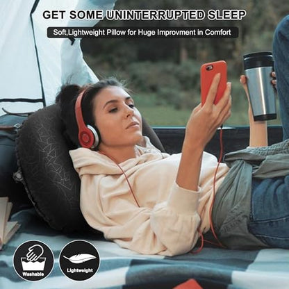 Inflatable Camping Pillow, Travel Blow Up Air Pillow, Neck Lumbar Support Ultralight Compact Pillow for Outdoor Hiking Backpacking Car Beach Airplane Sleeping Essentials, Black - color: Black