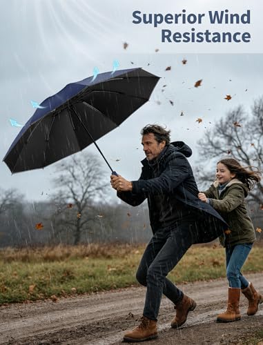 Jorilis Inverted Umbrella with Carabiner Handle, Windproof UV Sun & Rain - color: Dark blue