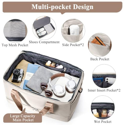 Travel Duffle Bag with Shoe Compartment, Overnight Weekender Bags for Women - color: Beige & Brown