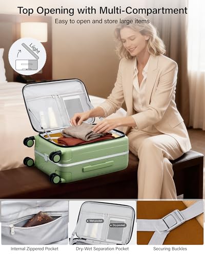 Hanke 20 Inch Carry-On Luggage with Wheels PC Hard Shell Suitcases Top Opening Aluminum Frame Travel Luggage Suitcases for Woman Men.(Bamboo Green) - color: Bamboo Green, size: 20 Inch