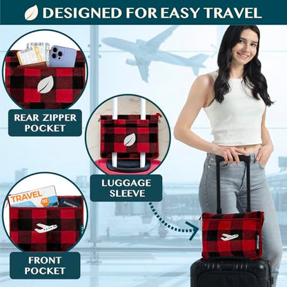 PAVILIA Travel Blanket and Pillow, Soft Ribbed Fleece Airplane, Plaid Red - color: Checkered Red
