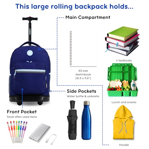 J World Sunrise Kids Rolling Backpack with Wheels for Girls Boys, Roller Bookbag for School, 18 x 13 x 9 Inches, Navy - color: Navy