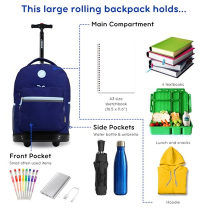 J World Sunrise Kids Rolling Backpack with Wheels for Girls Boys, Roller Bookbag for School, 18 x 13 x 9 Inches, Navy - color: Navy