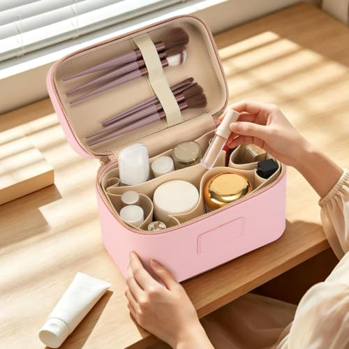 Makeup Bag Travel Toiletry Leather Cosmetic Case, Waterproof Makeup Organizer with Brush Holder, Wipe Clean Removable Divider Vanity Train Bag for Women, Pink - color: Pink