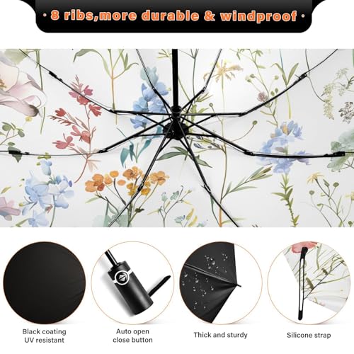 JIPONI Windproof Travel Umbrellas 01 - Large Compact Umbrella for Rain & Sun, Automatic Anti-UV Protection and Light Folding for Backpack & Car - color: Flower