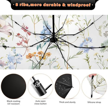 JIPONI Windproof Travel Umbrellas 01 - Large Compact Umbrella for Rain & Sun, Automatic Anti-UV Protection and Light Folding for Backpack & Car - color: Flower