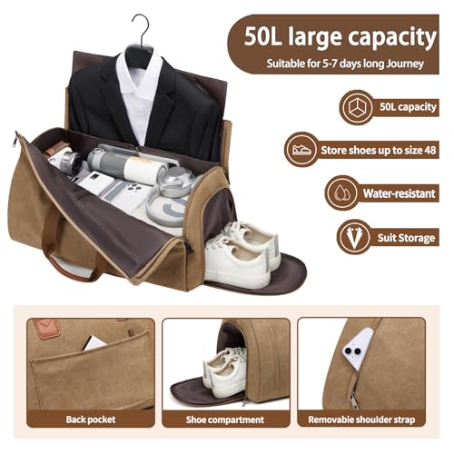 PU Leather Garment Bag, Convertible Garment Duffel Bag for Travel Mens Suit Bag 2 in 1 Waterproof Foldable Carry on Garment Bag with Shoulder Strap Weekender Bag with Shoe Pouch - color: C-Brown